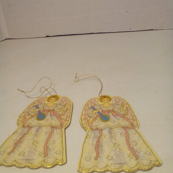 Angel Christmas Ornament 2 Die Cut Cardboard Vintage 1991 Gibson 4.5" Gold Pink - Picture 5 of 9